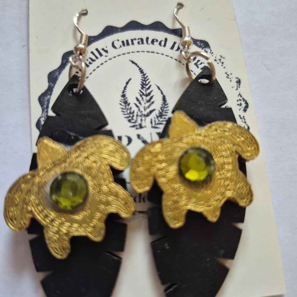 Gold and Black Hand Painted Turtle Earrings with Green Vintage Jewel Accent